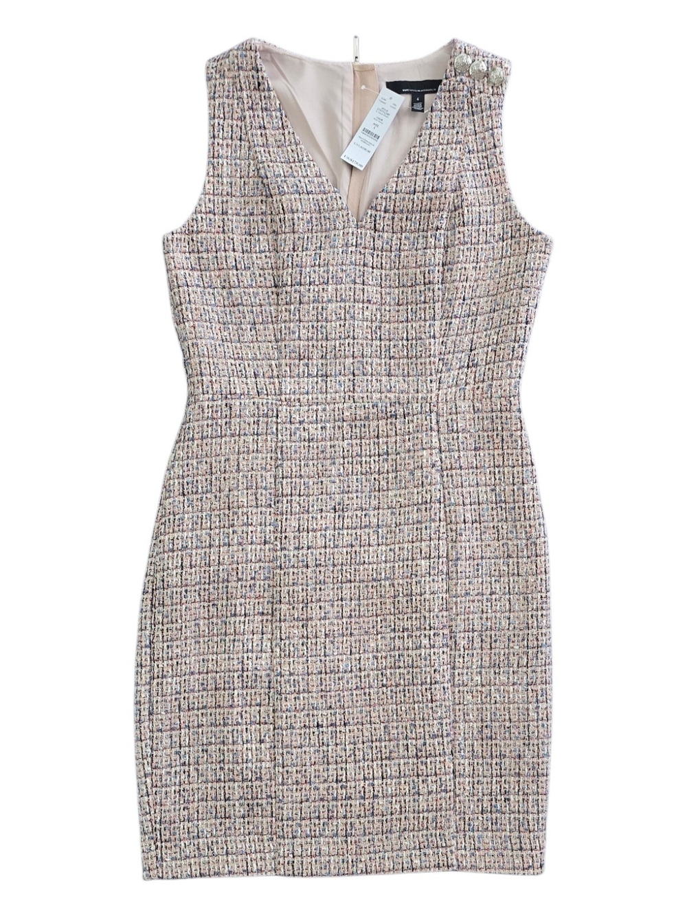 White House Black Market Pink  Multicolor Tweed V-Neck Dress